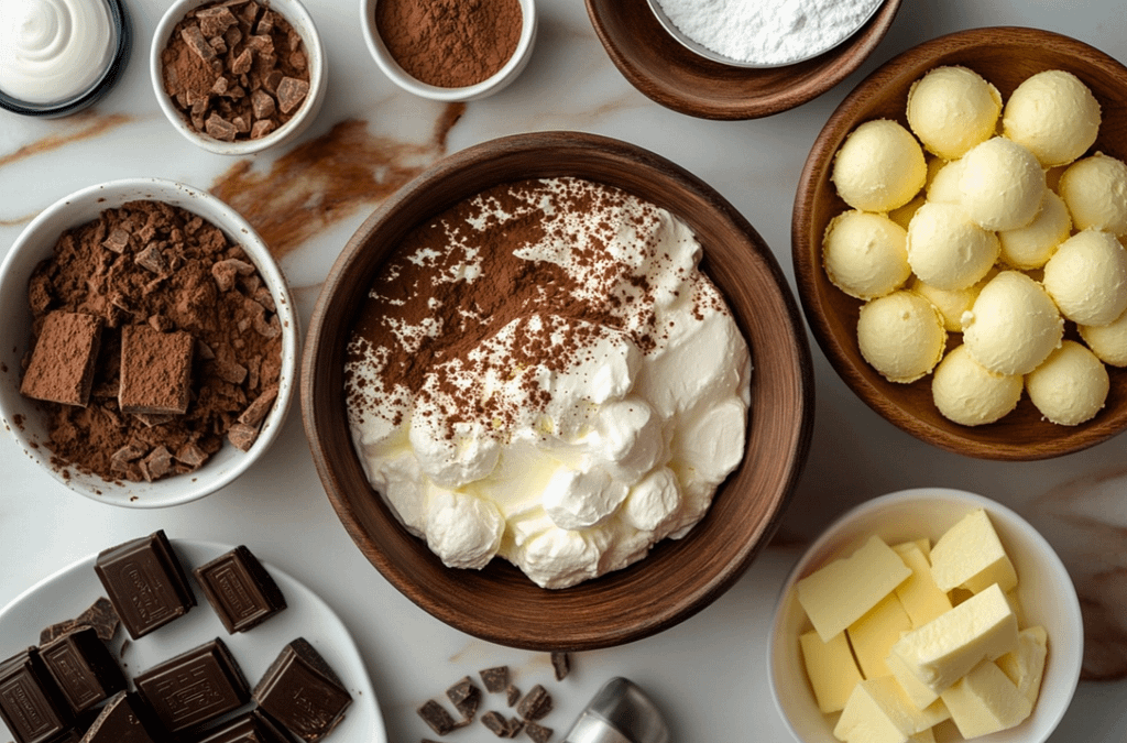 Tiramisu Kinder Bueno onctueux avec couches de crème mascarpone, biscuits et morceaux de Kinder Bueno, saupoudré de cacao.