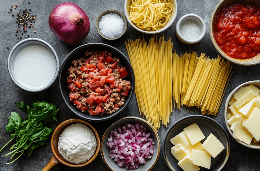 spaghetti au four bœuf haché bacon gratiné plat familial