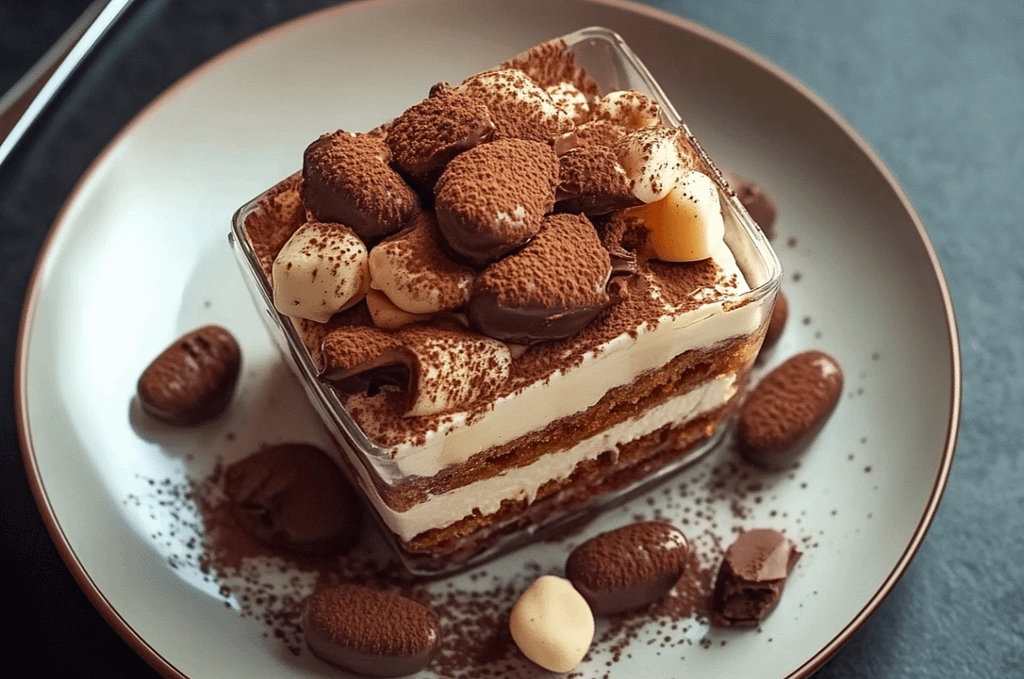 Tiramisu Kinder Bueno onctueux avec couches de crème mascarpone, biscuits et morceaux de Kinder Bueno, saupoudré de cacao.