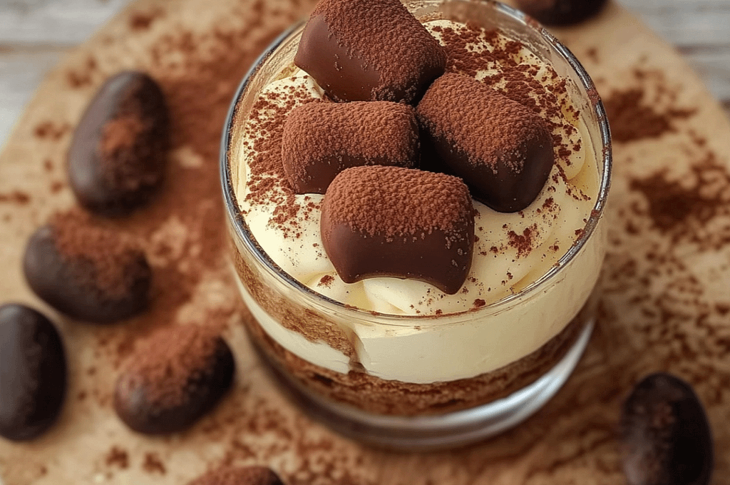 Tiramisu Kinder Bueno onctueux avec couches de crème mascarpone, biscuits et morceaux de Kinder Bueno, saupoudré de cacao.