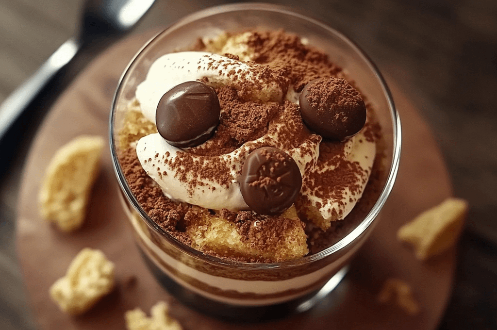 Tiramisu Kinder Bueno onctueux avec couches de crème mascarpone, biscuits et morceaux de Kinder Bueno, saupoudré de cacao.