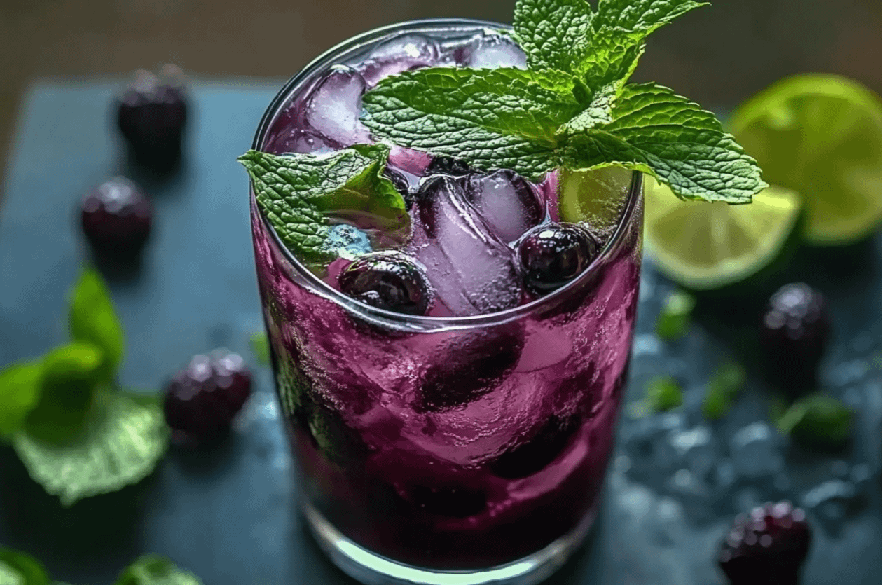 Mojito au Cassis et à la Menthe frais avec glaçons, feuilles de menthe et baies de cassis en décoration.