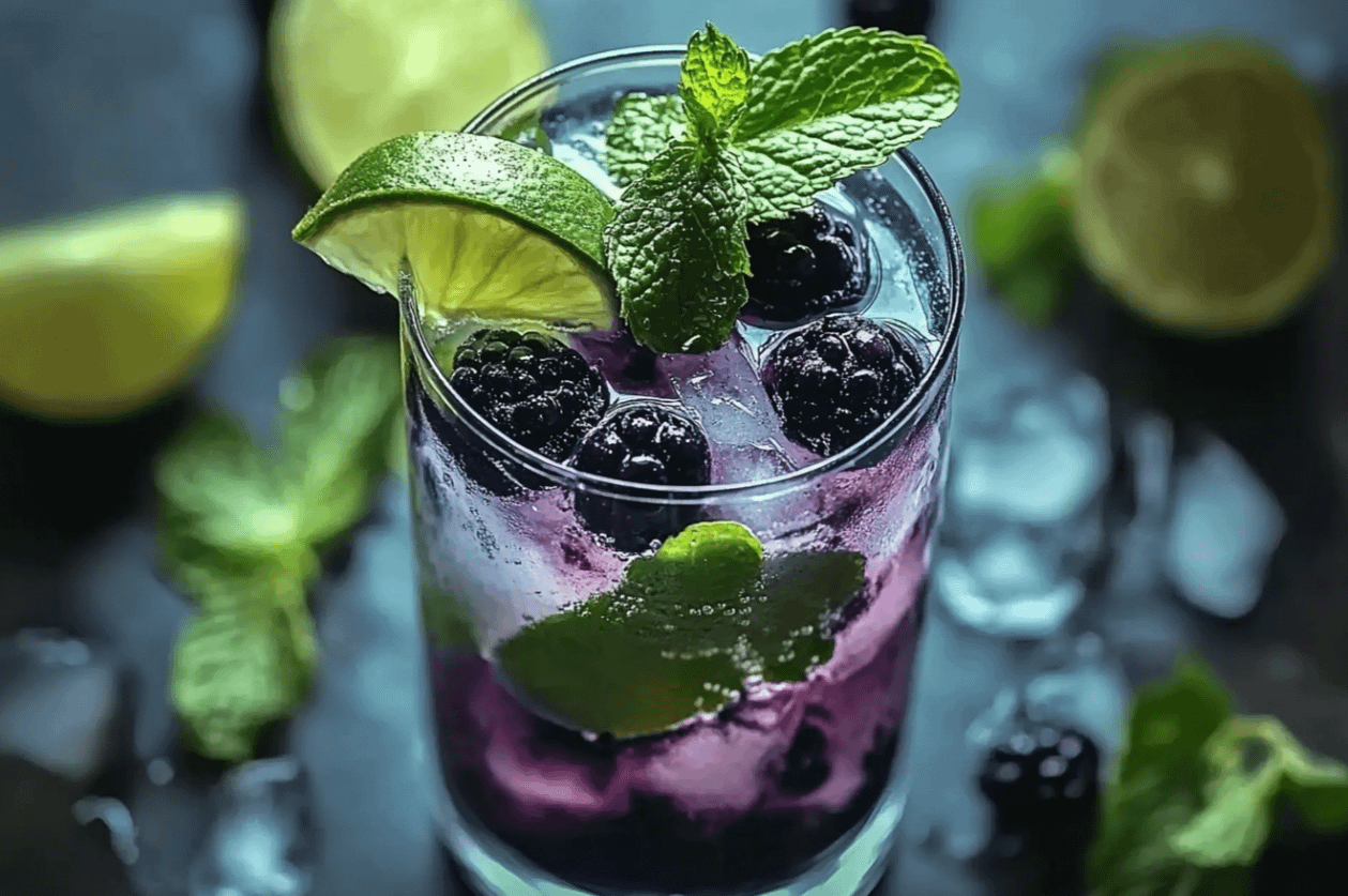 Mojito au Cassis et à la Menthe frais avec glaçons, feuilles de menthe et baies de cassis en décoration.