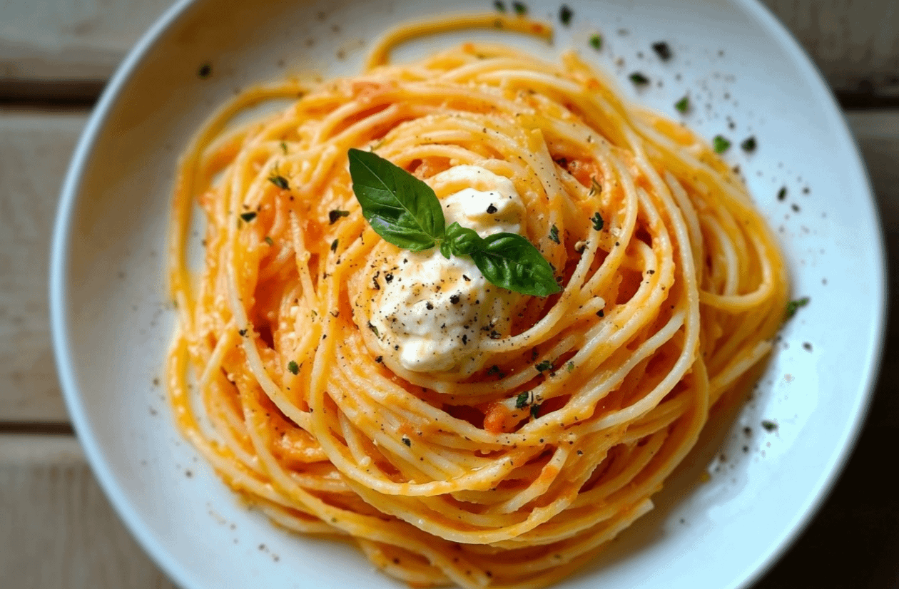 Spaghetti crémeux à la sauce de poivron rouge rôtis et mozzarella fondante, garnis de basilic frais.