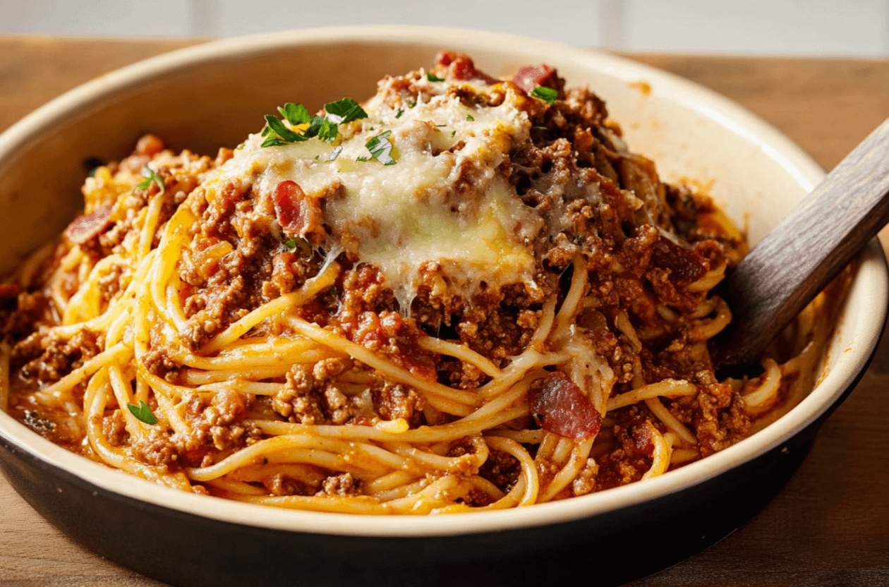 spaghetti au four bœuf haché bacon gratiné plat familial