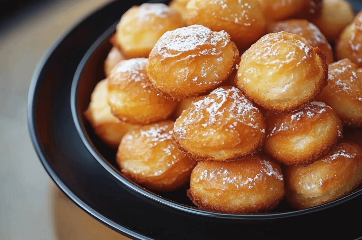 Croustillant des fêtes foraines doré et saupoudré de sucre glace, sur une assiette rustique avec des beignets moelleux en arrière-plan.