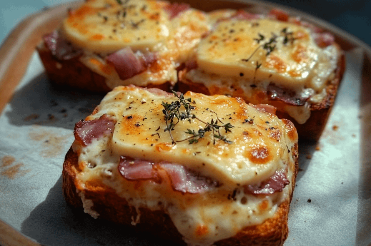 Croque-monsieur gratiné aux lardons fumés et fromage de chèvre fondu, doré et croustillant sur une assiette.