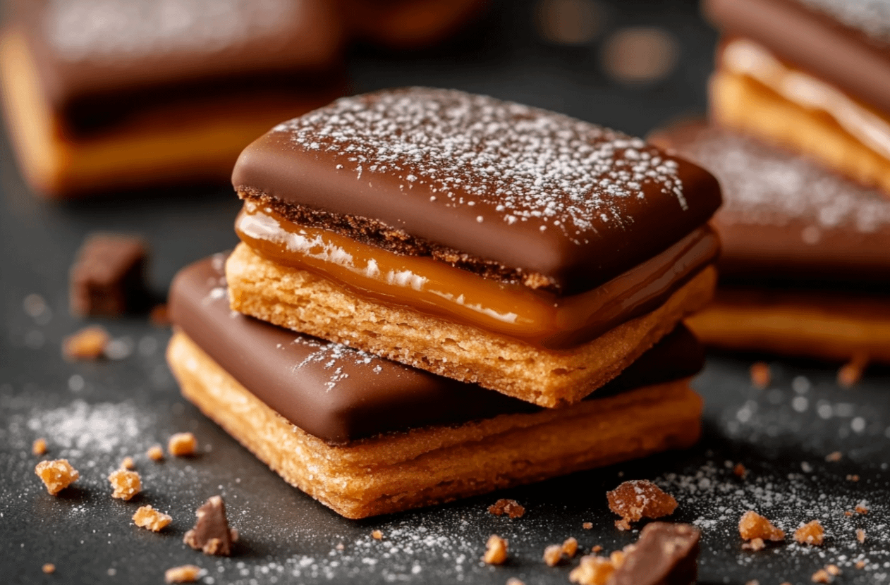 Biscuits façon Twix faits maison avec couche de caramel onctueux et enrobage chocolat brillant