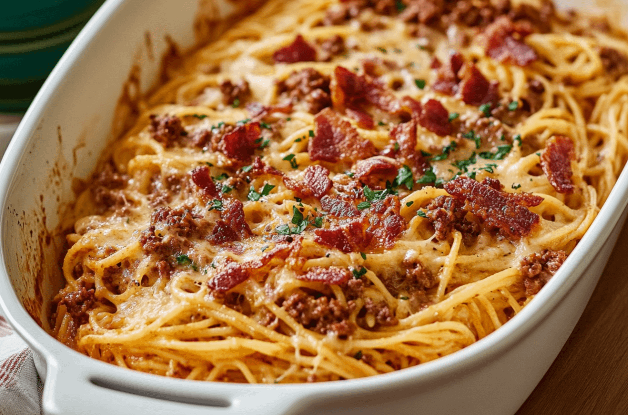 spaghetti au four bœuf haché bacon gratiné plat familial