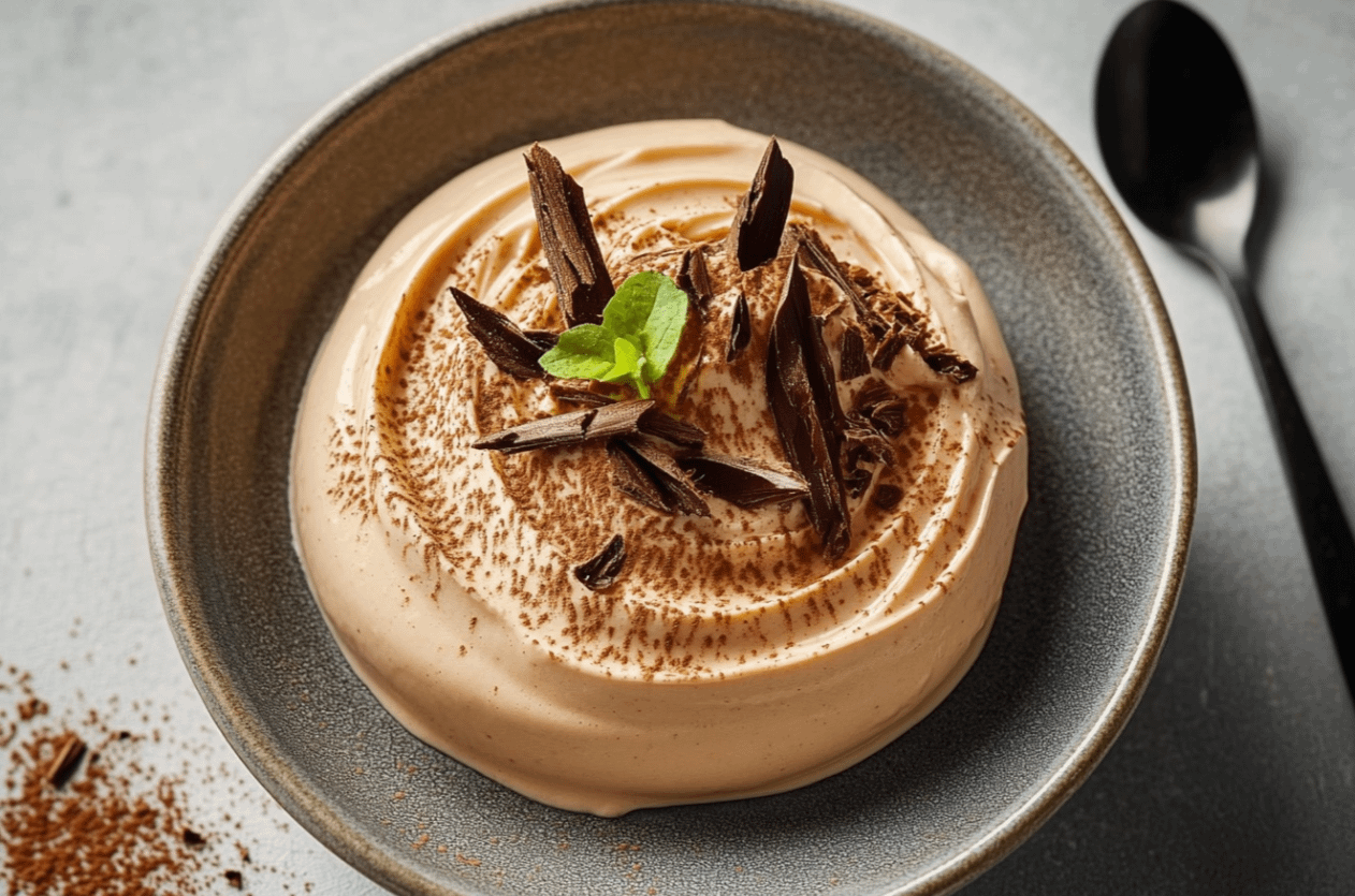 Mousse Café Mascarpone onctueuse dans des verres individuels, saupoudrée de cacao, prête à être dégustée.