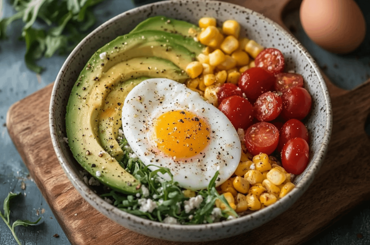 Bol énergétique œuf-avocat coloré avec tomates, maïs et feta pour petit-déjeuner sain