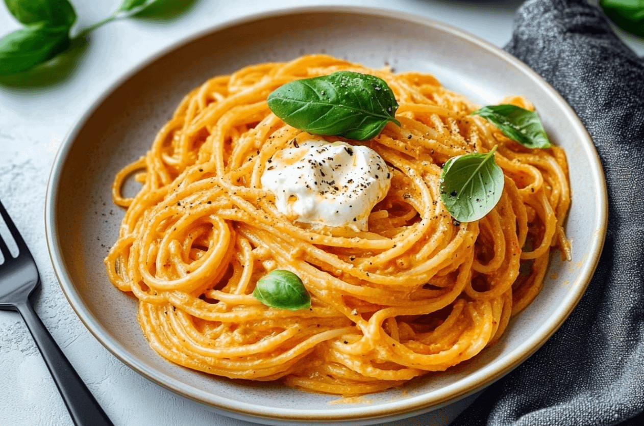 Spaghetti crémeux à la sauce de poivron rouge rôtis et mozzarella fondante, garnis de basilic frais.