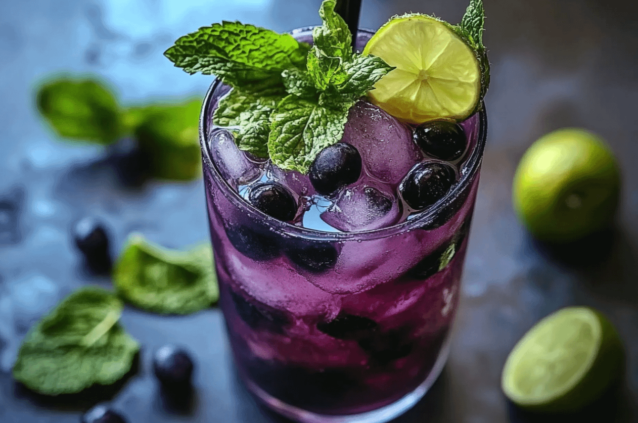 Mojito au Cassis et à la Menthe frais avec glaçons, feuilles de menthe et baies de cassis en décoration.