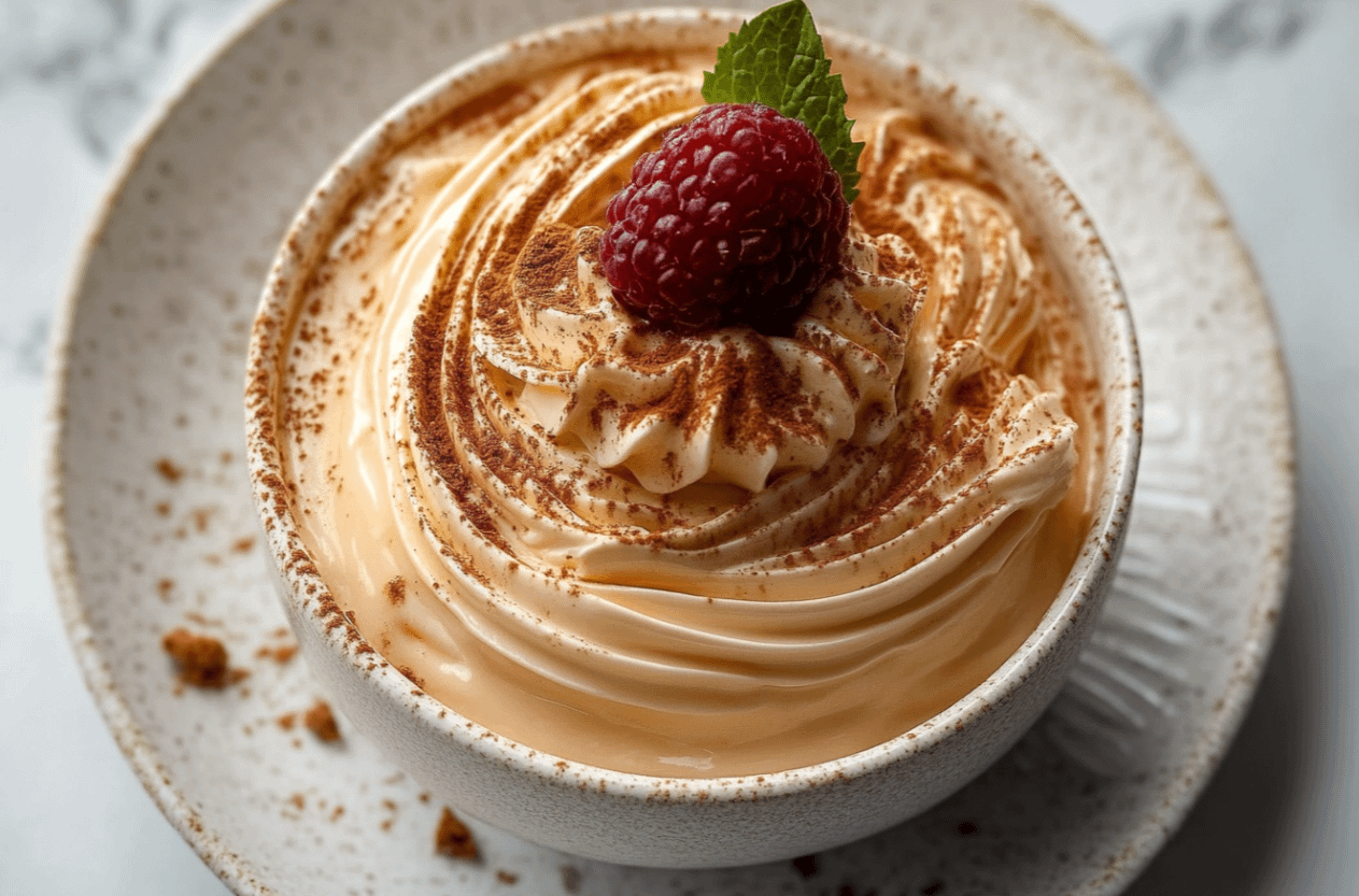 Mousse Café Mascarpone onctueuse dans des verres individuels, saupoudrée de cacao, prête à être dégustée.