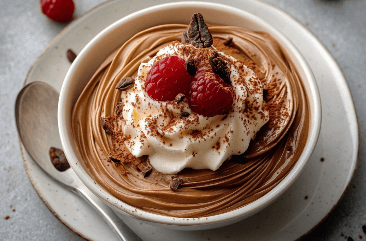 Mousse Café Mascarpone onctueuse dans des verres individuels, saupoudrée de cacao, prête à être dégustée.