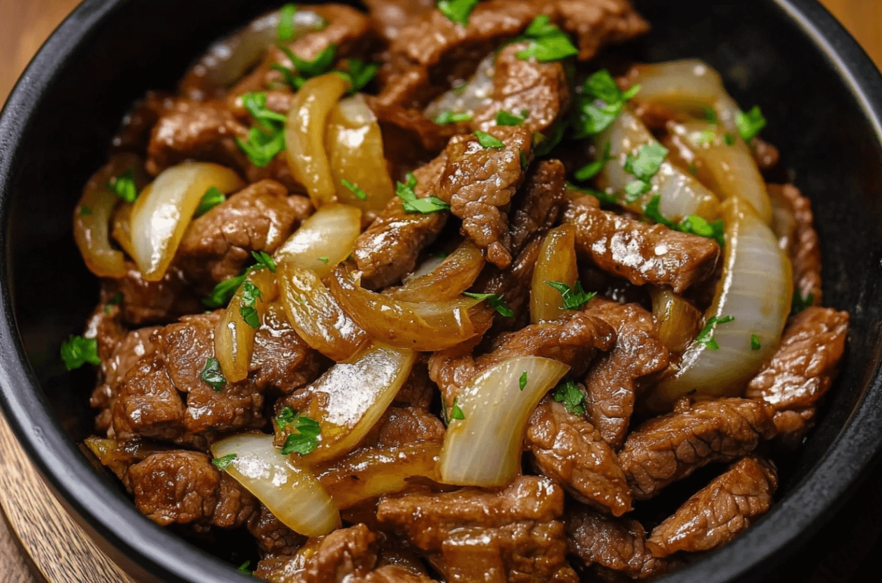 Bœuf Sauté aux Oignons avec riz et oignons caramélisés