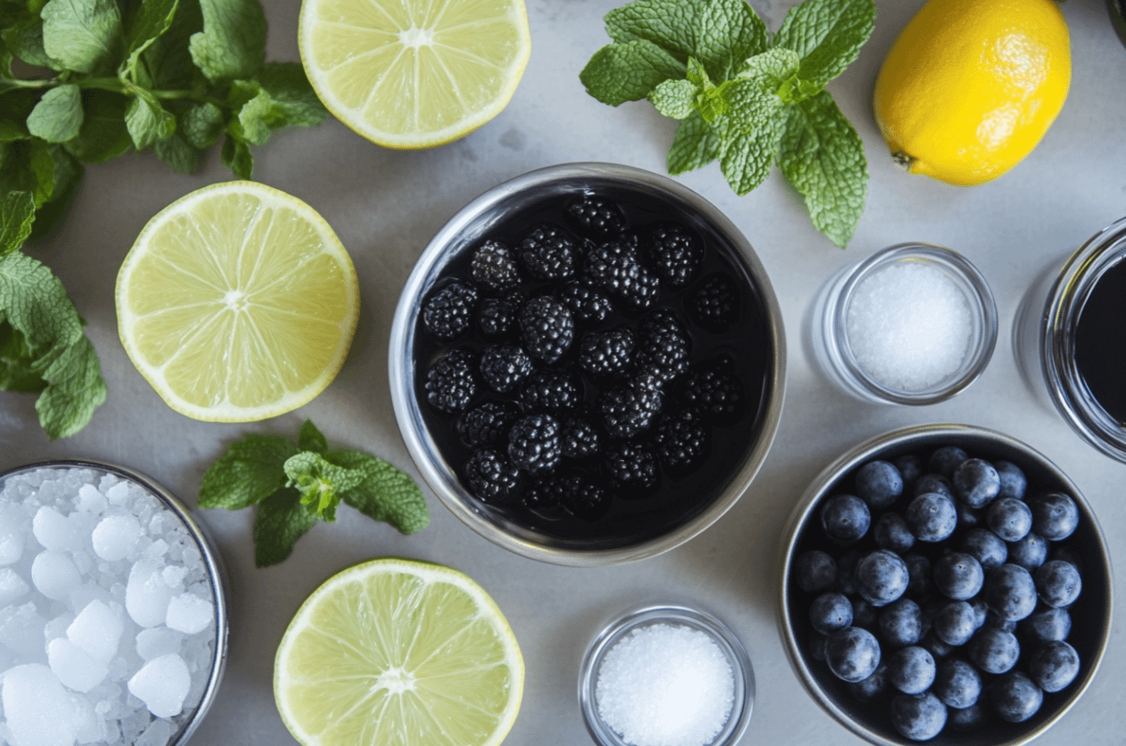Mojito au Cassis et à la Menthe frais avec glaçons, feuilles de menthe et baies de cassis en décoration.