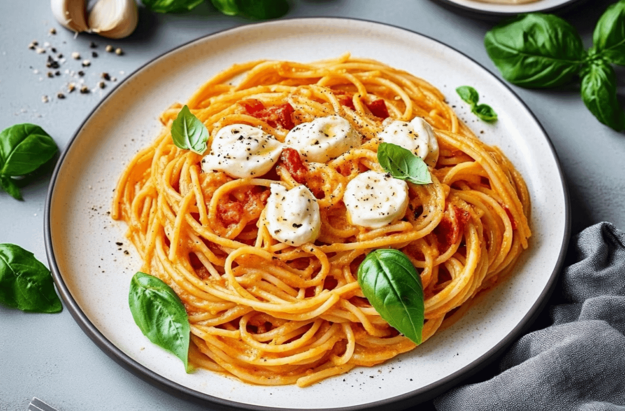 Spaghetti Crème de Poivron Rouge et Mozzarella : Recette Facile & Rapide