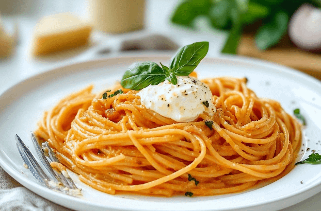 Spaghetti crémeux à la sauce de poivron rouge rôtis et mozzarella fondante, garnis de basilic frais.