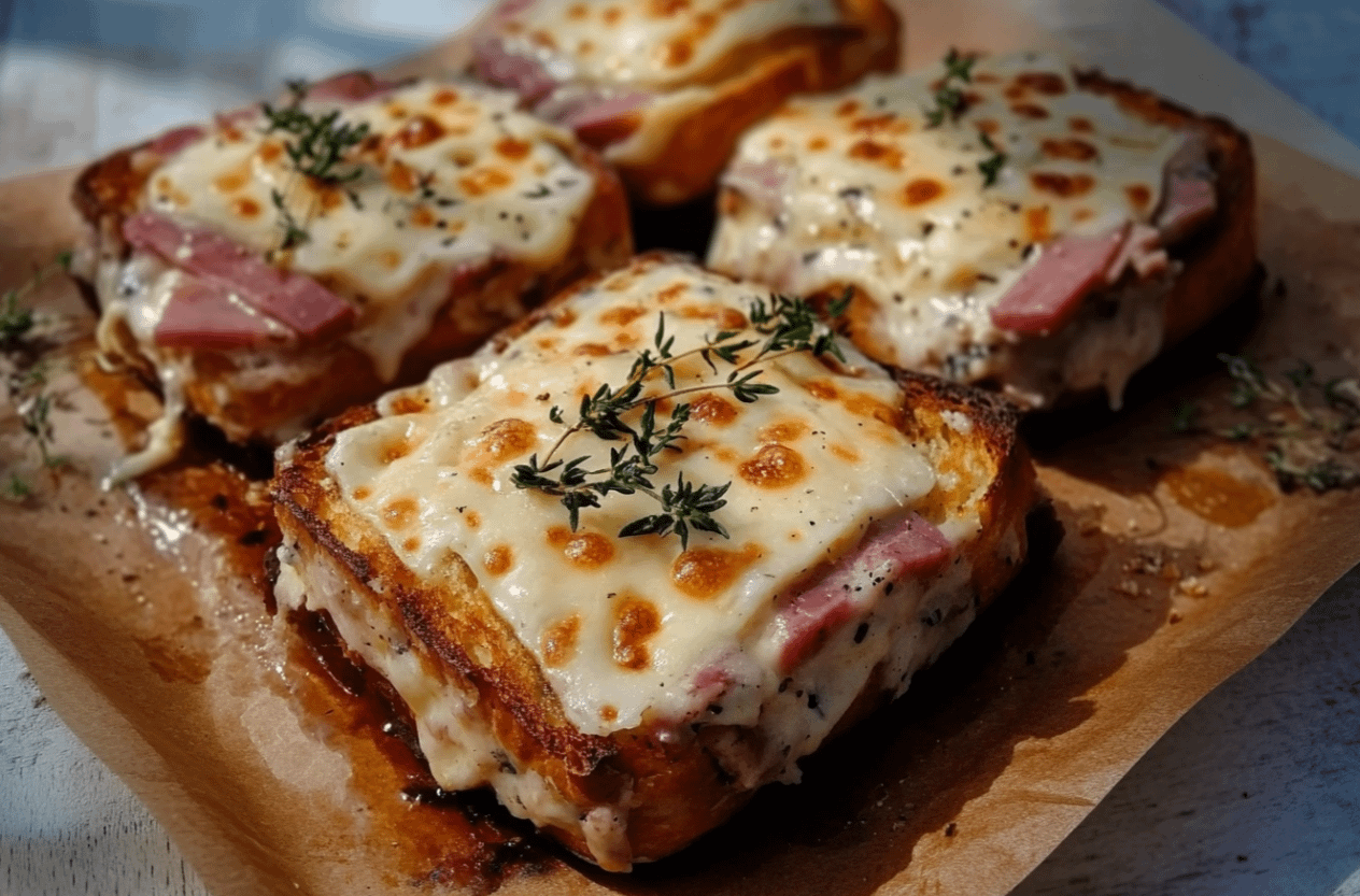 Croque-monsieur gratiné aux lardons fumés et fromage de chèvre fondu, doré et croustillant sur une assiette.