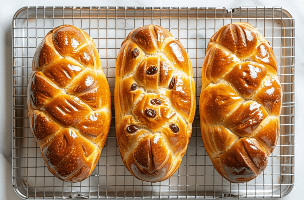 Un cougnou Grand-Père traditionnel belge doré et moelleux, parsemé de sucre perlé, sur une grille de refroidissement.