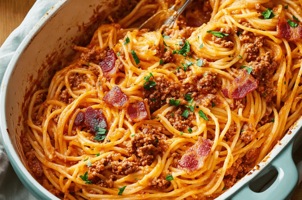 spaghetti au four bœuf haché bacon gratiné plat familial