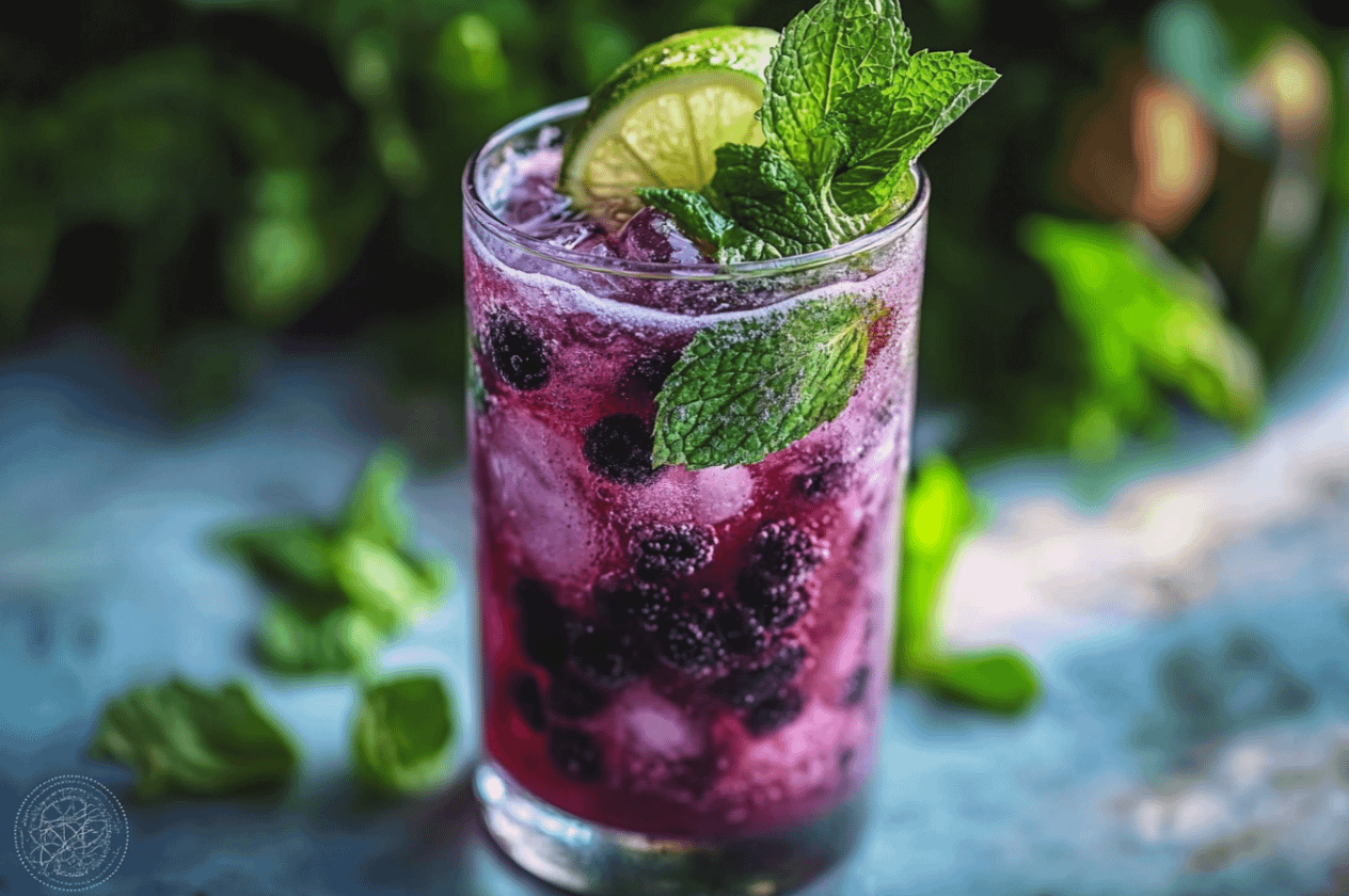 Mojito au Cassis et à la Menthe frais avec glaçons, feuilles de menthe et baies de cassis en décoration.