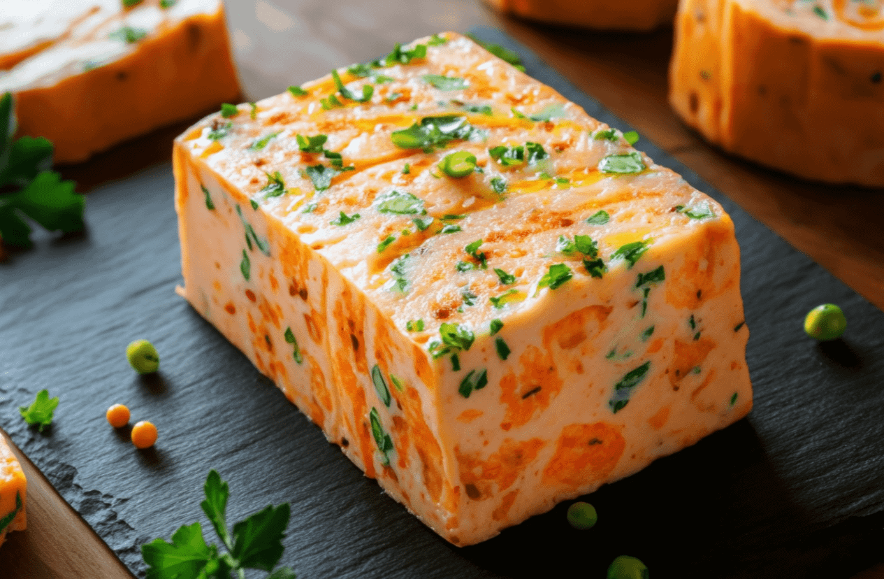 Terrine de surimi fraîche et savoureuse, garnie de ciboulette ciselée, prête à être dégustée en entrée froide.