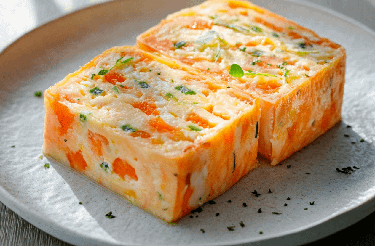 Terrine de surimi fraîche et savoureuse, garnie de ciboulette ciselée, prête à être dégustée en entrée froide.