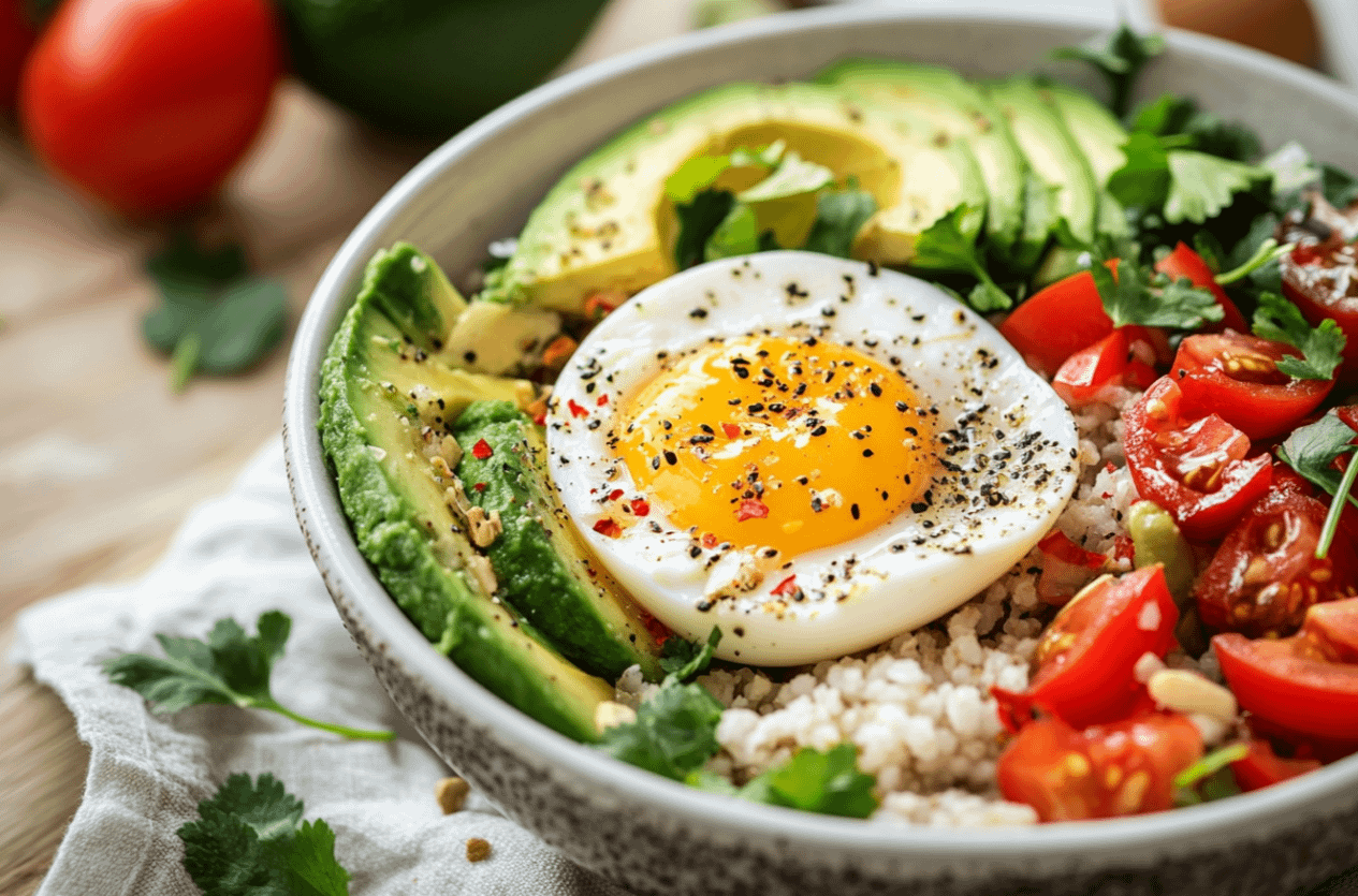 Bol énergétique œuf-avocat coloré avec tomates, maïs et feta pour petit-déjeuner sain