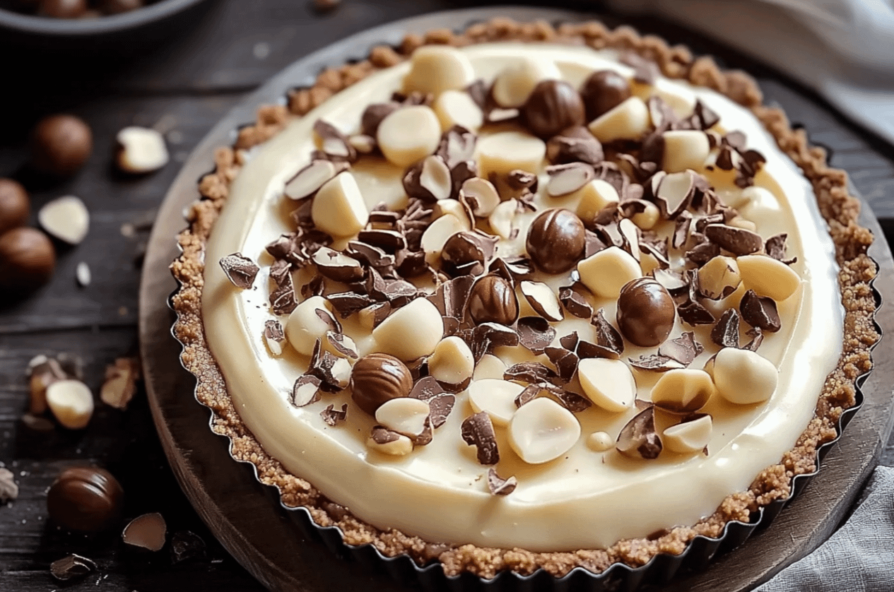 Une Tarte Kinder Bueno au Chocolat Blanc et Noisette gourmande et crémeuse, garnie de morceaux de Kinder Bueno, de noisettes grillées et de copeaux de chocolat, posée sur un plat à tarte élégant. Idéale pour un dessert festif.