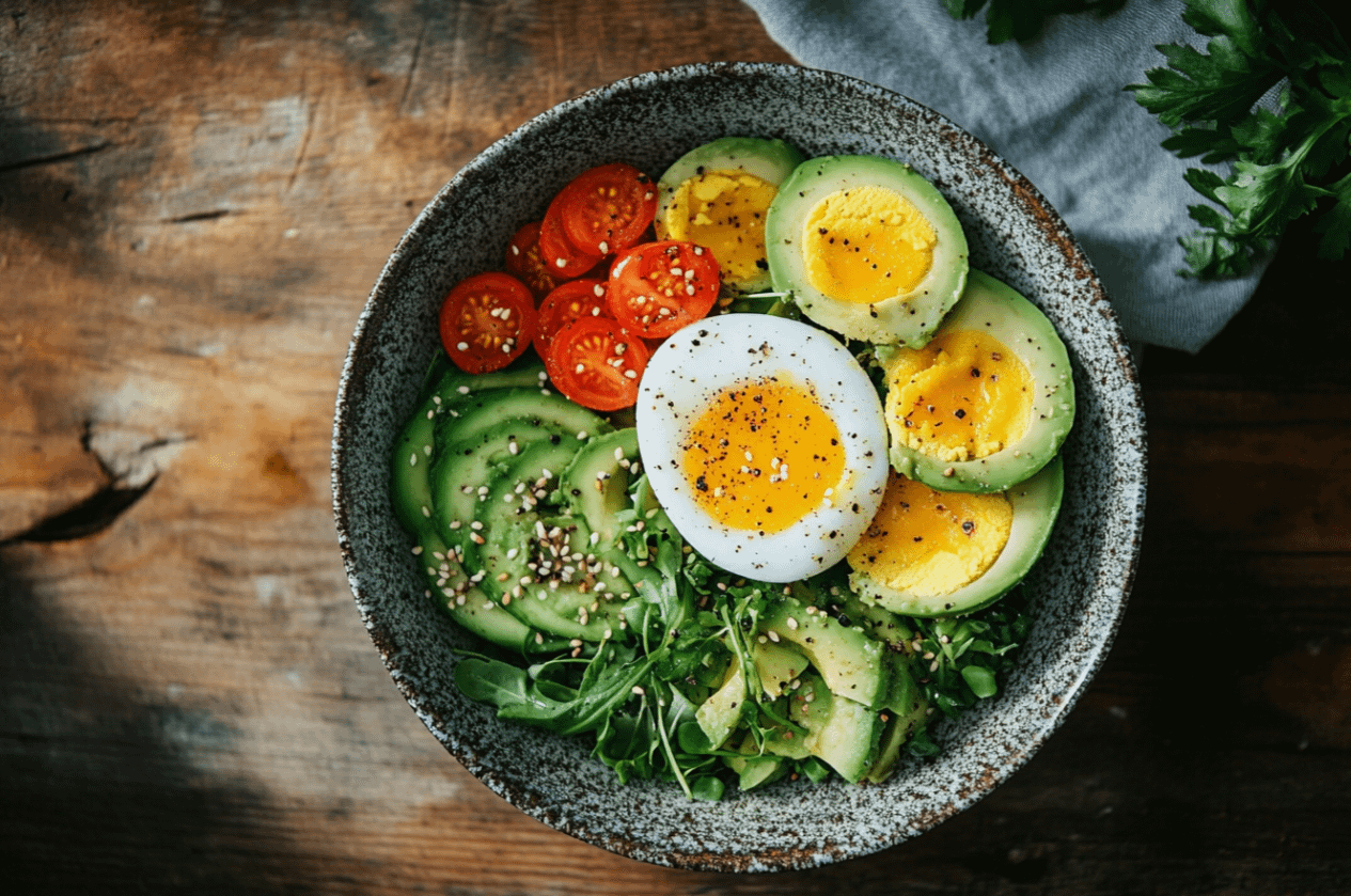 Bol énergétique œuf-avocat coloré avec tomates, maïs et feta pour petit-déjeuner sain