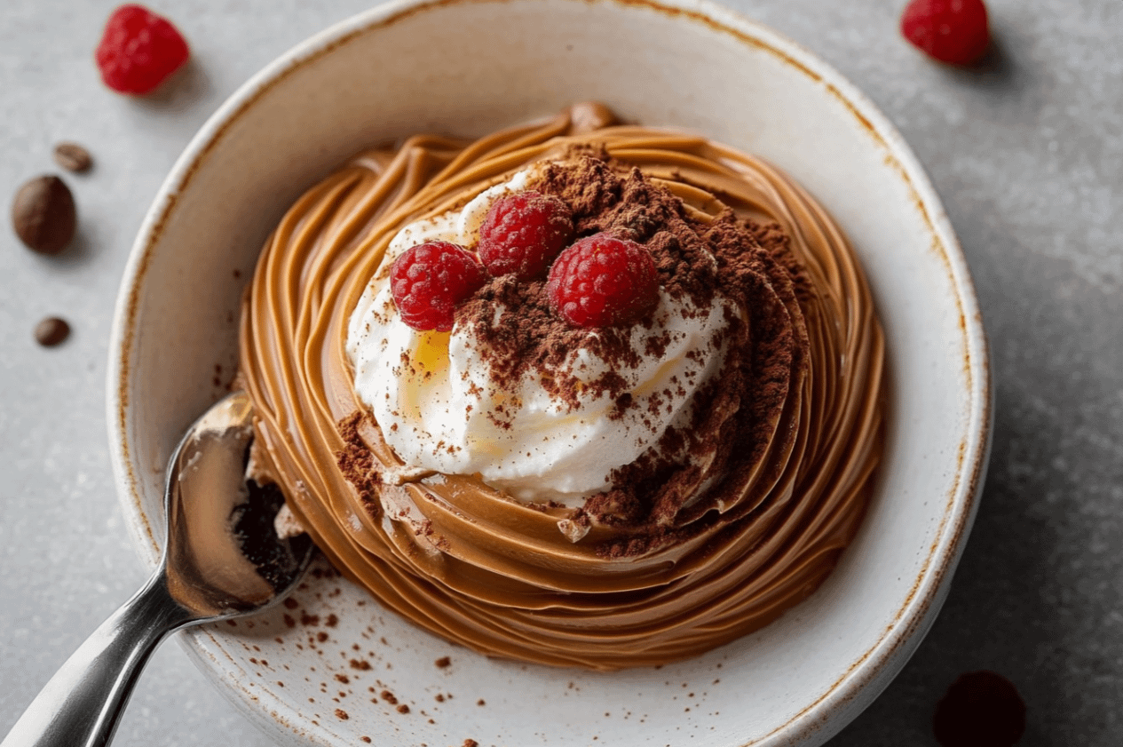 Mousse Café Mascarpone onctueuse dans des verres individuels, saupoudrée de cacao, prête à être dégustée.