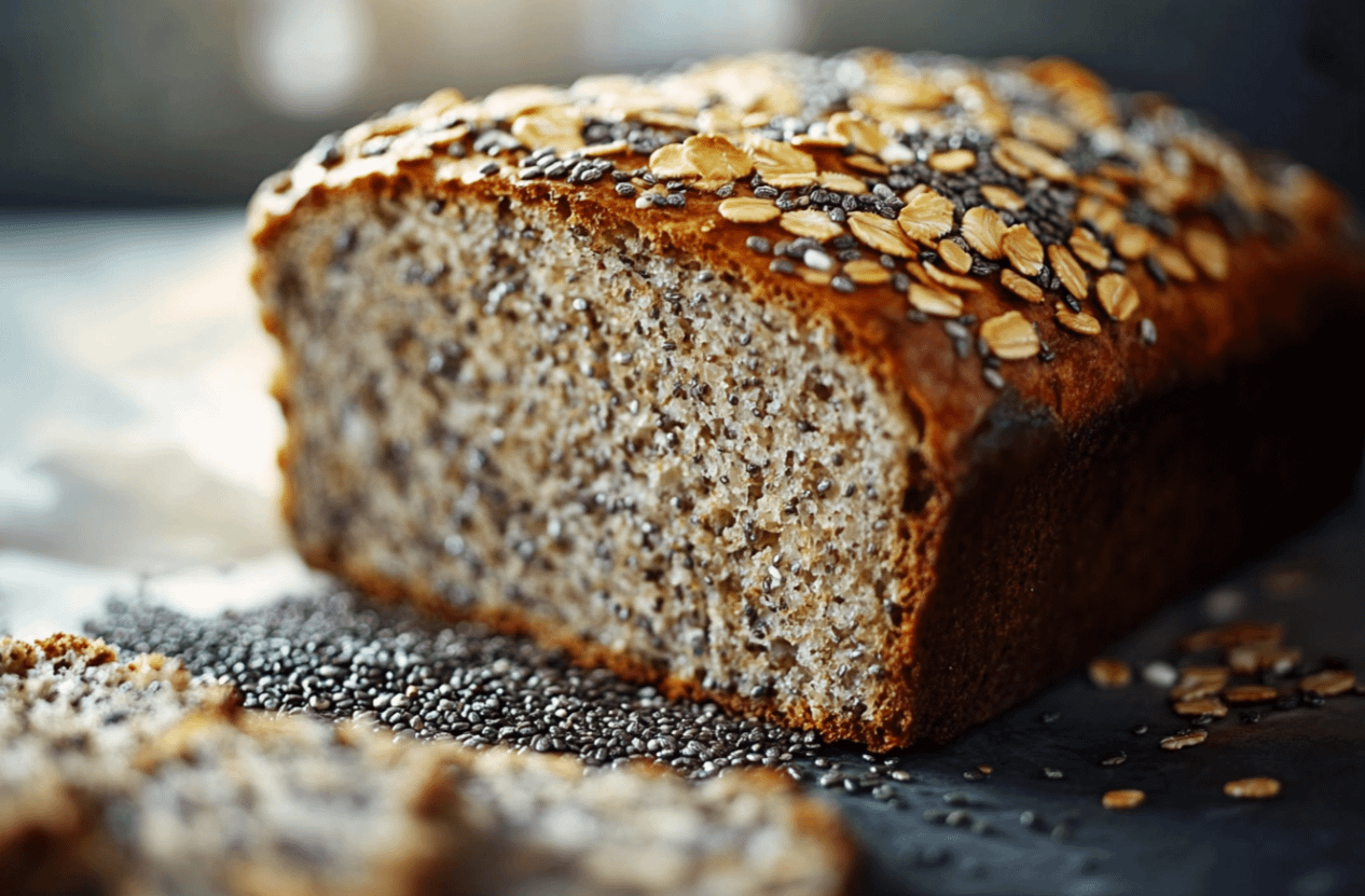 Pain à l'avoine et aux graines de chia tranché sur une planche en bois, avec des graines de chia et des flocons d'avoine éparpillés, vue rapprochée.
