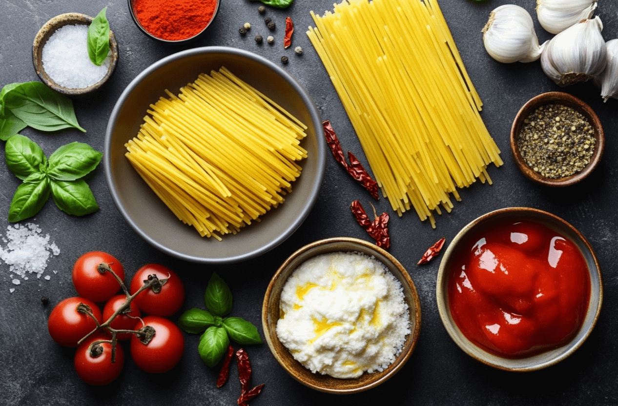 Spaghetti crémeux à la sauce de poivron rouge rôtis et mozzarella fondante, garnis de basilic frais.