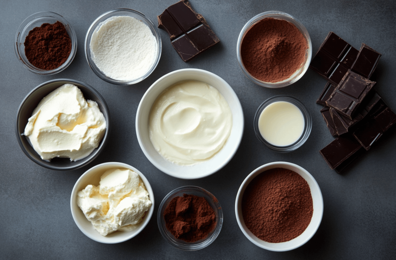 Mousse Café Mascarpone onctueuse dans des verres individuels, saupoudrée de cacao, prête à être dégustée.