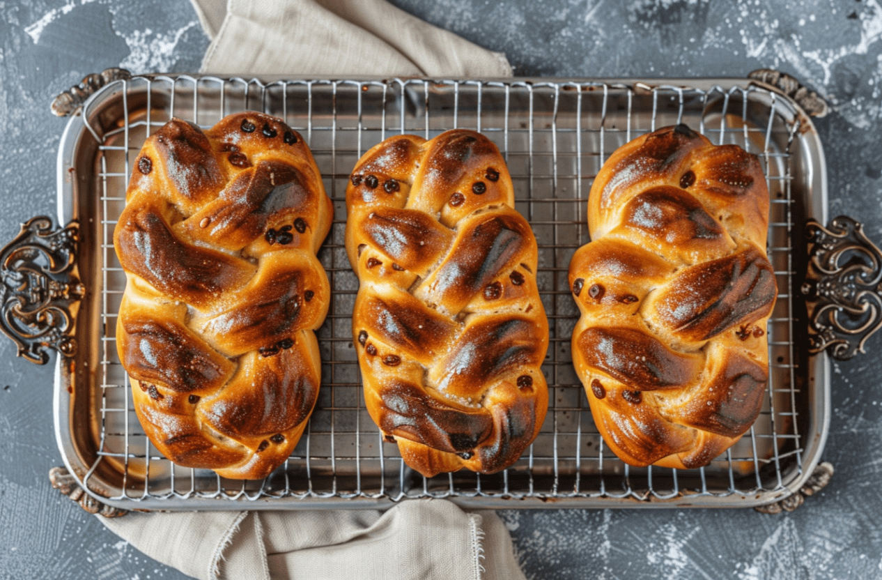 Un cougnou Grand-Père traditionnel belge doré et moelleux, parsemé de sucre perlé, sur une grille de refroidissement.