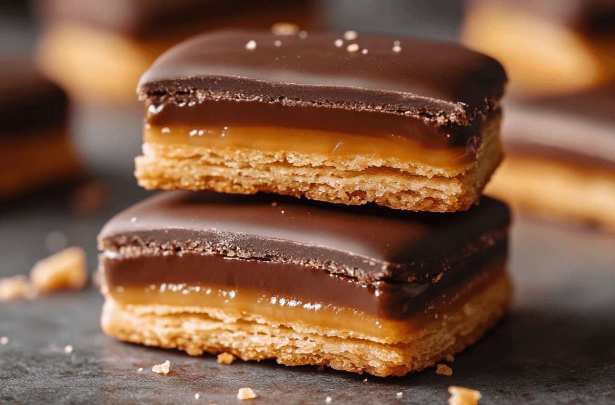 Biscuits façon Twix faits maison avec couche de caramel onctueux et enrobage chocolat brillant