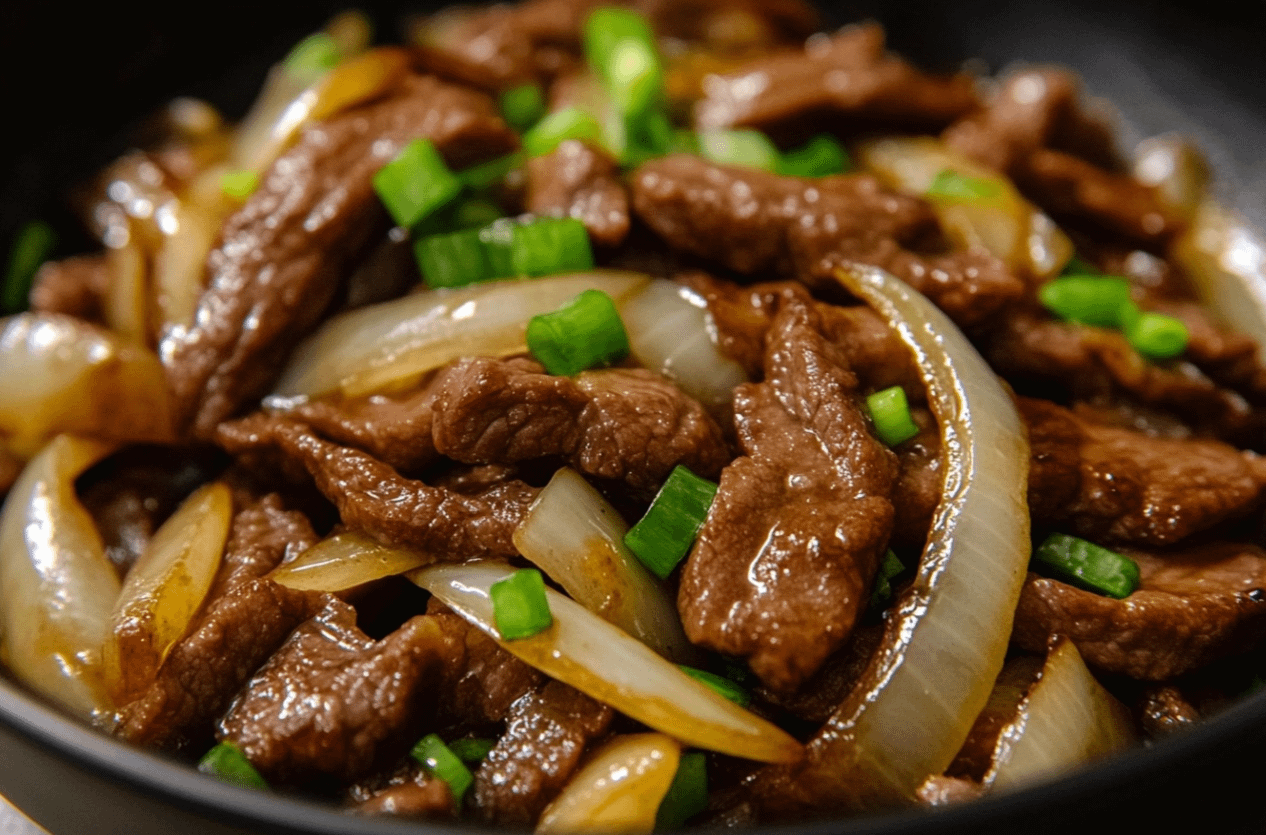 Bœuf Sauté aux Oignons avec riz et oignons caramélisés