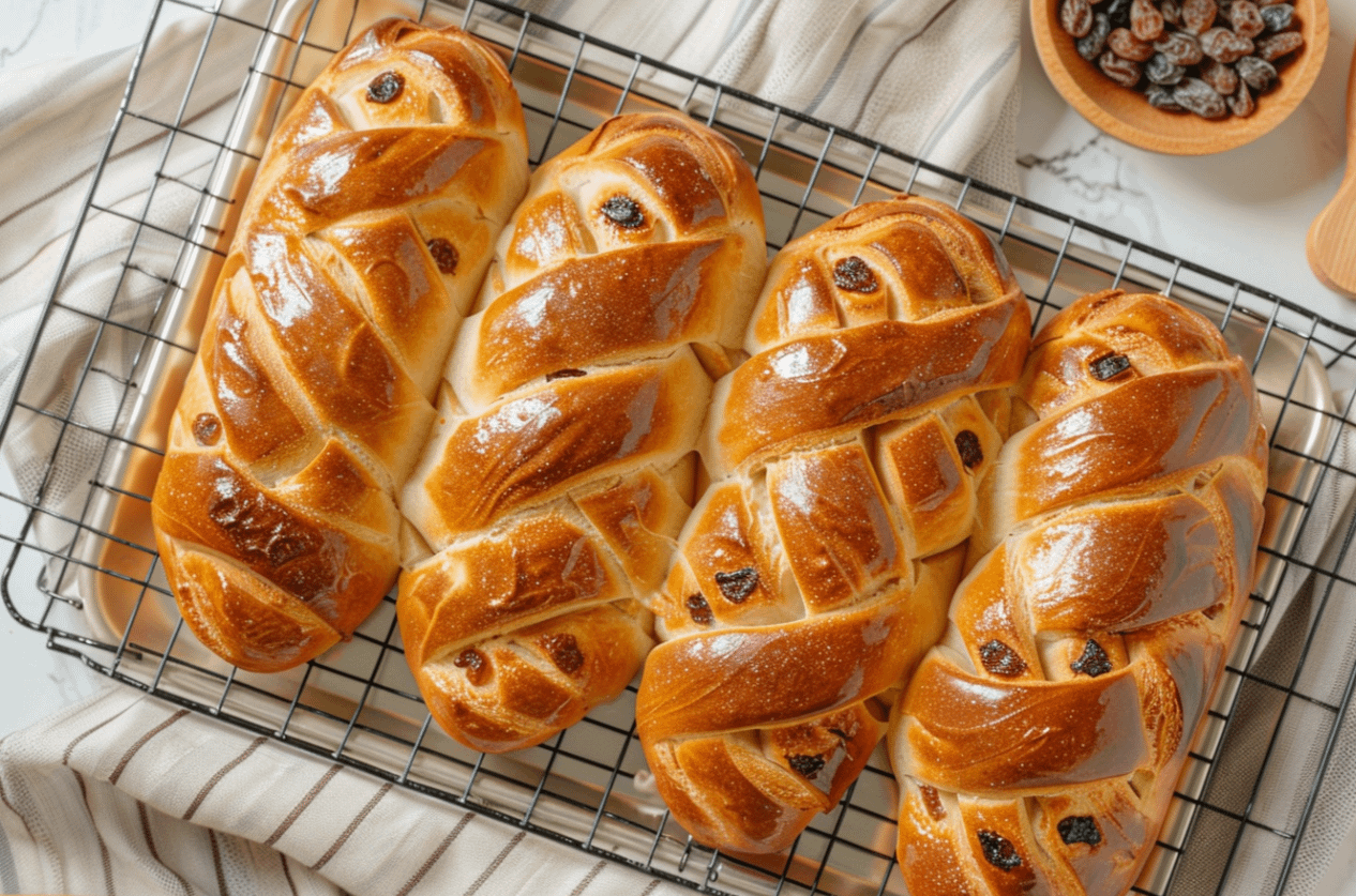 Un cougnou Grand-Père traditionnel belge doré et moelleux, parsemé de sucre perlé, sur une grille de refroidissement.