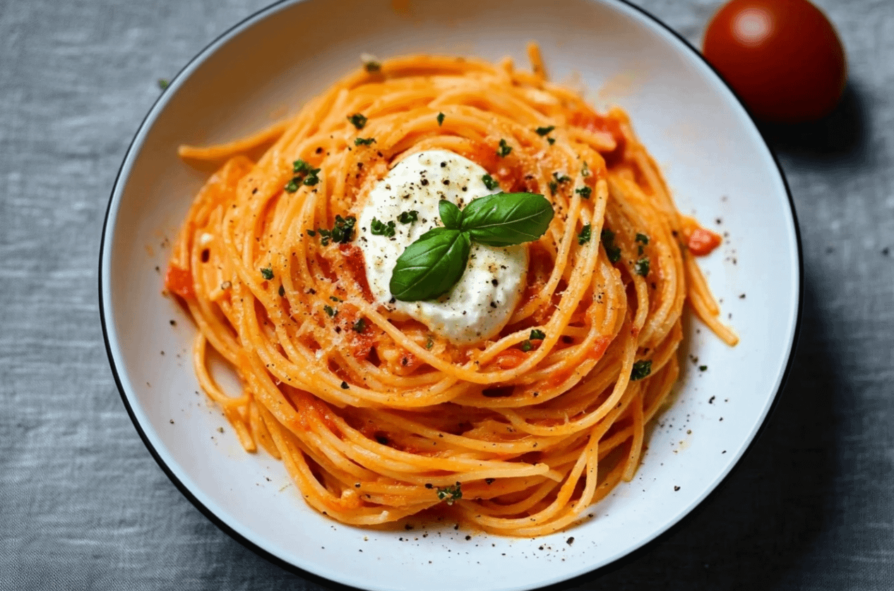 Spaghetti crémeux à la sauce de poivron rouge rôtis et mozzarella fondante, garnis de basilic frais.