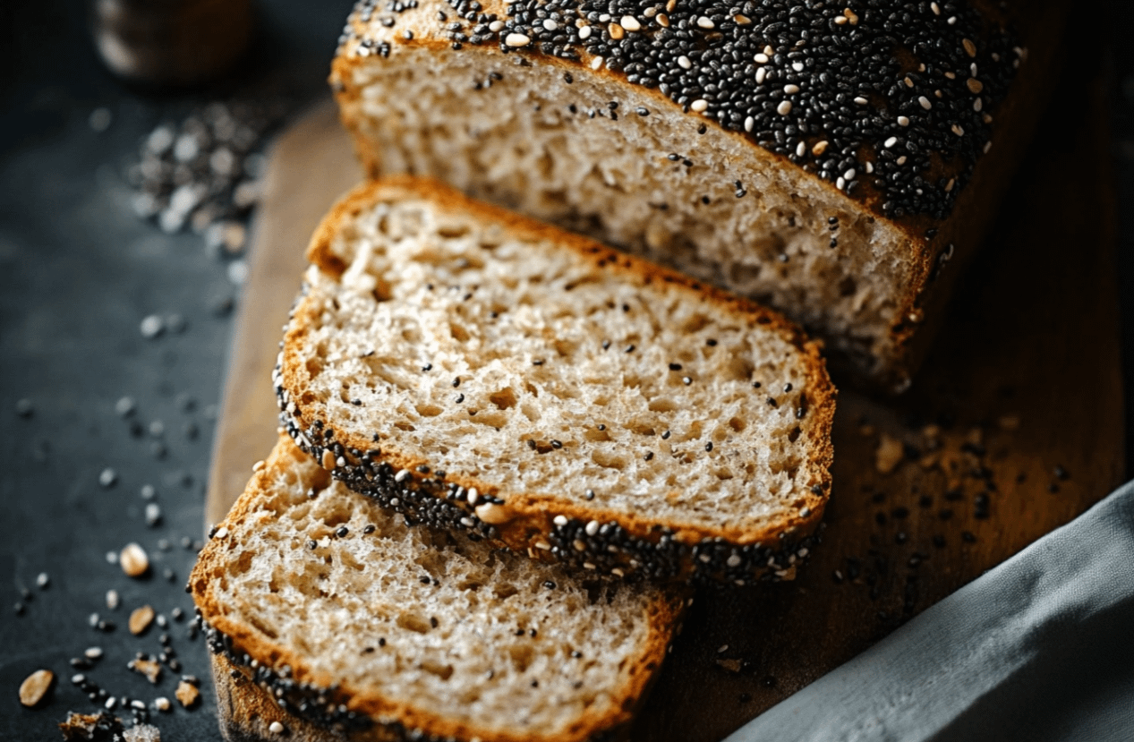 Pain à l'avoine et aux graines de chia tranché sur une planche en bois, avec des graines de chia et des flocons d'avoine éparpillés, vue rapprochée.