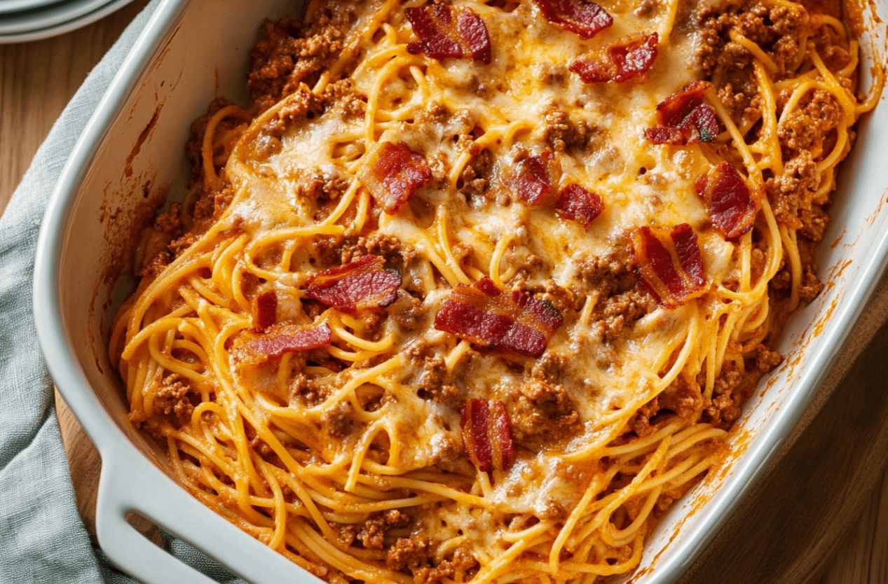 spaghetti au four bœuf haché bacon gratiné plat familial
