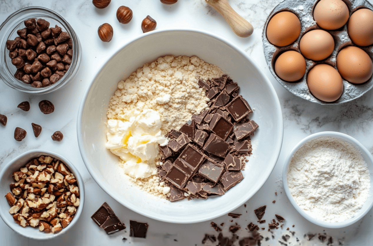 Une Tarte Kinder Bueno au Chocolat Blanc et Noisette gourmande et crémeuse, garnie de morceaux de Kinder Bueno, de noisettes grillées et de copeaux de chocolat, posée sur un plat à tarte élégant. Idéale pour un dessert festif.