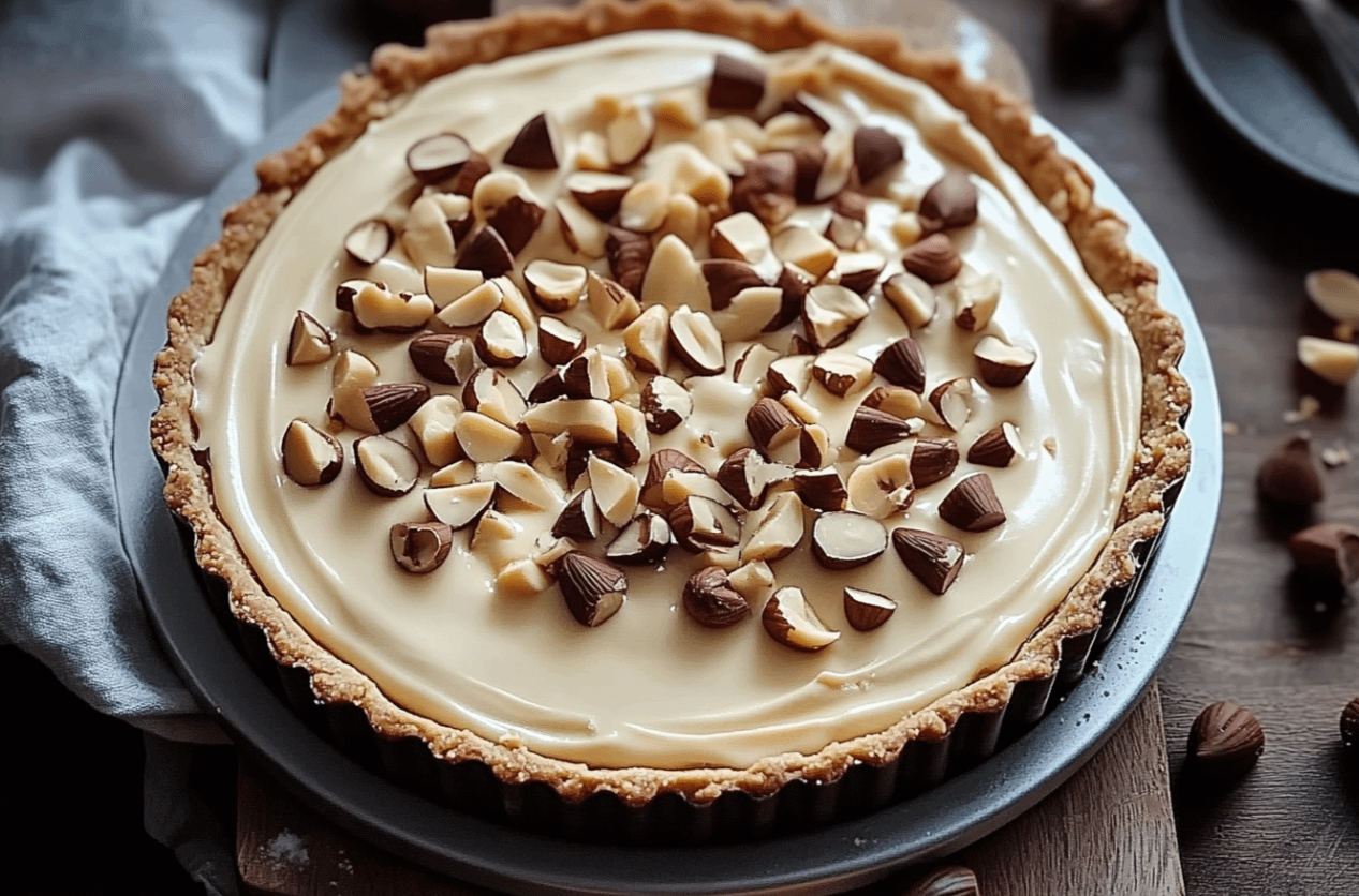 Une Tarte Kinder Bueno au Chocolat Blanc et Noisette gourmande et crémeuse, garnie de morceaux de Kinder Bueno, de noisettes grillées et de copeaux de chocolat, posée sur un plat à tarte élégant. Idéale pour un dessert festif.