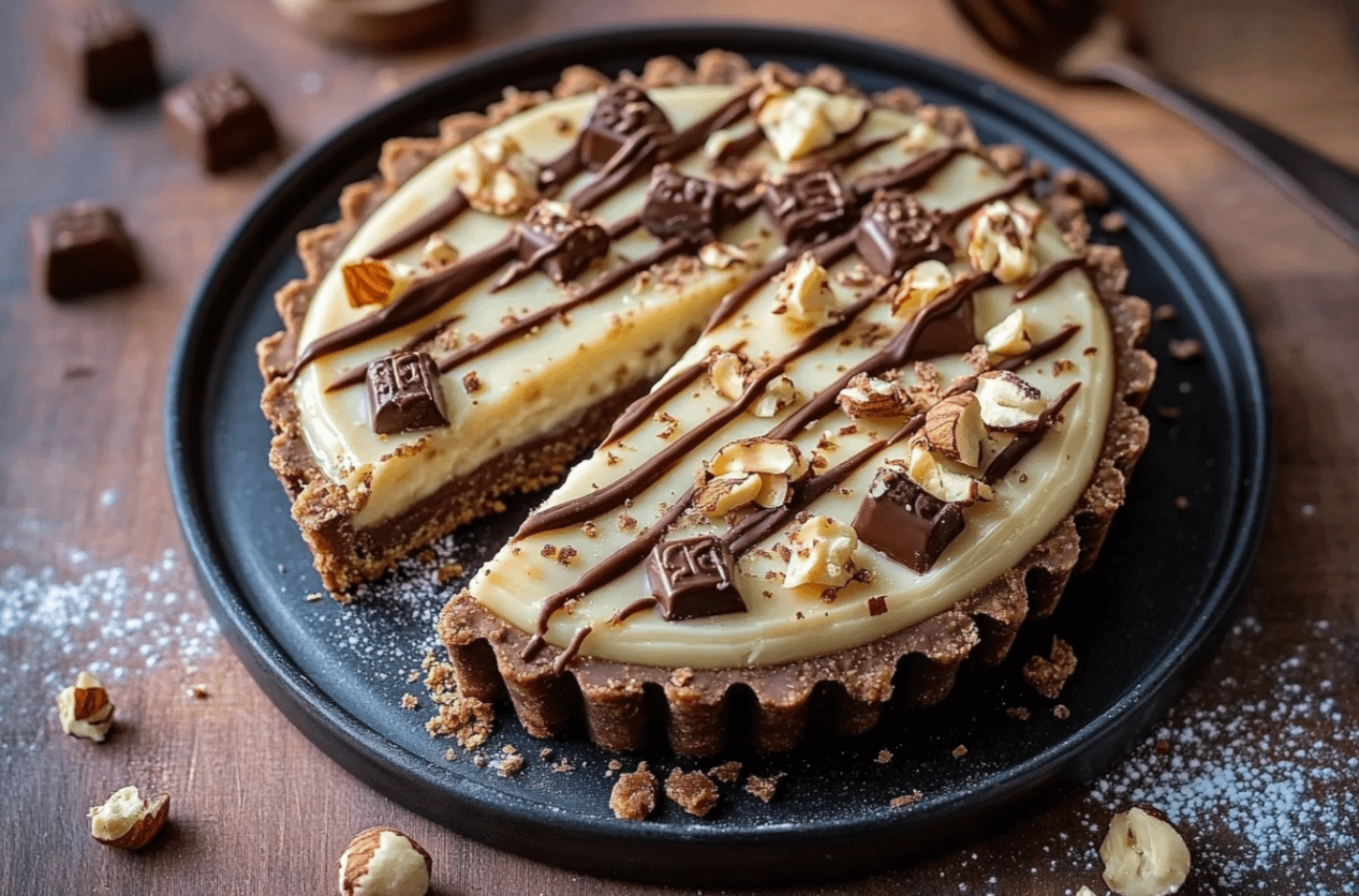Une Tarte Kinder Bueno au Chocolat Blanc et Noisette gourmande et crémeuse, garnie de morceaux de Kinder Bueno, de noisettes grillées et de copeaux de chocolat, posée sur un plat à tarte élégant. Idéale pour un dessert festif.