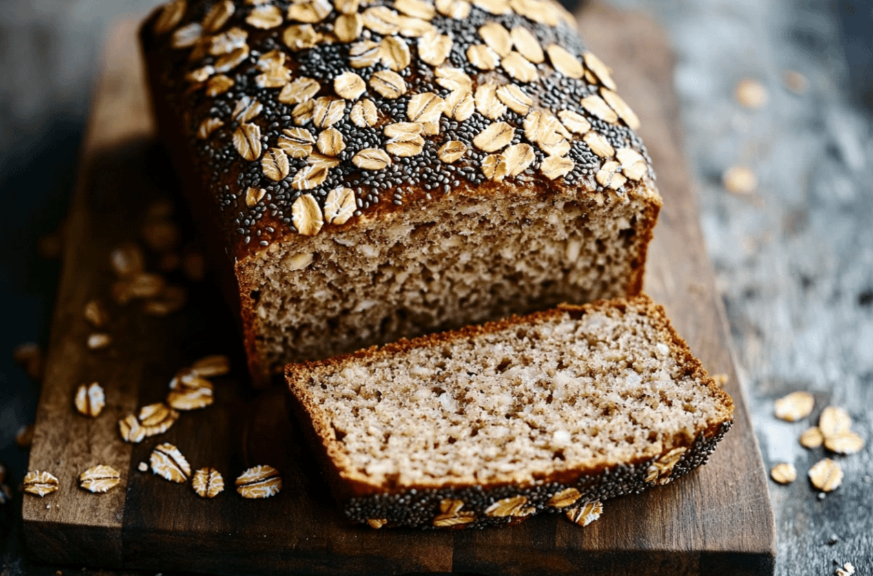 Pain à l'avoine et aux graines de chia tranché sur une planche en bois, avec des graines de chia et des flocons d'avoine éparpillés, vue rapprochée.