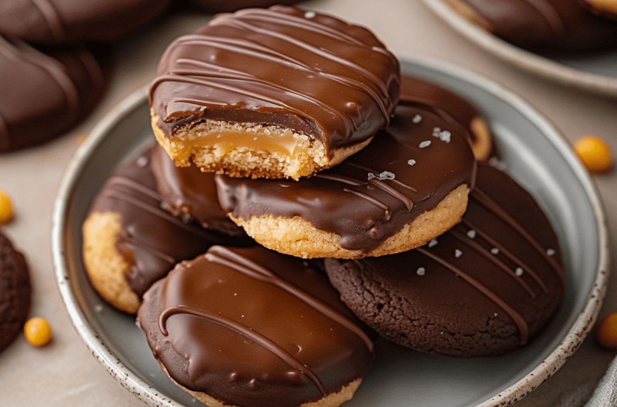 Biscuits façon Twix faits maison avec couche de caramel onctueux et enrobage chocolat brillant