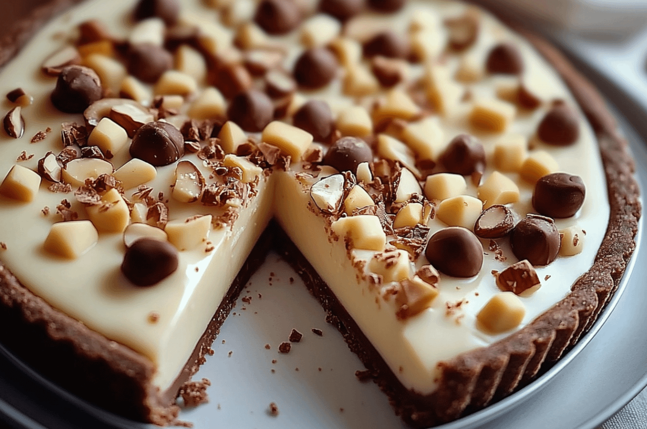 Une Tarte Kinder Bueno au Chocolat Blanc et Noisette gourmande et crémeuse, garnie de morceaux de Kinder Bueno, de noisettes grillées et de copeaux de chocolat, posée sur un plat à tarte élégant. Idéale pour un dessert festif.