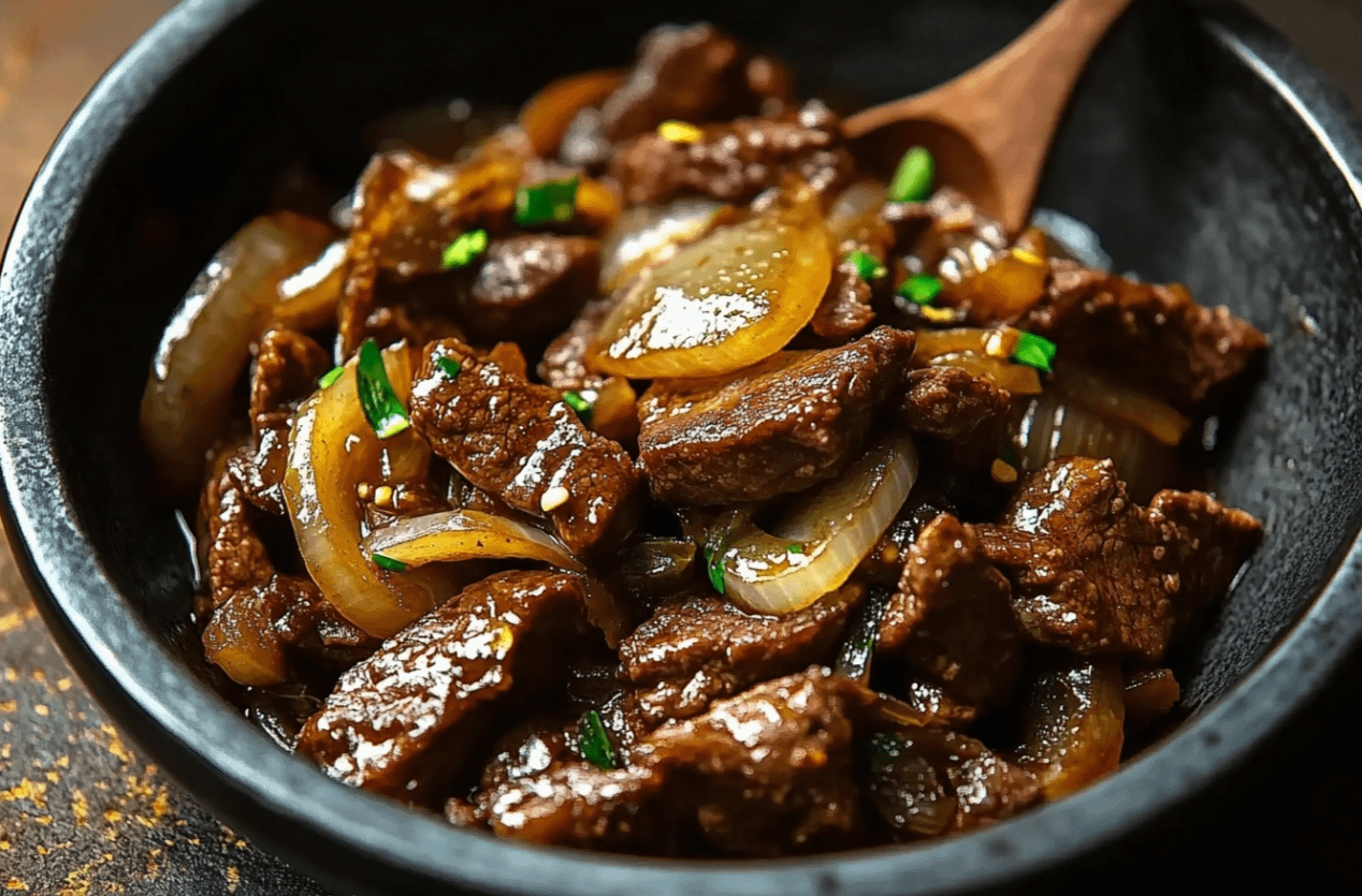 Bœuf Sauté aux Oignons avec riz et oignons caramélisés